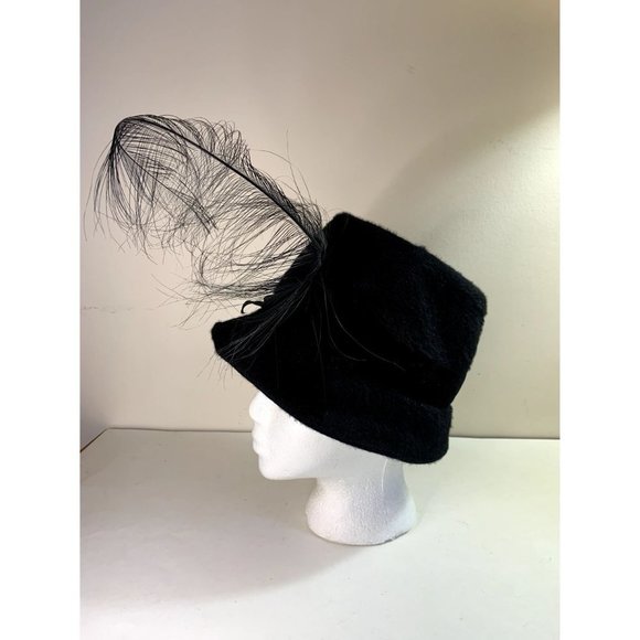 Vintage 40s Wool Cloche Bell Hat Velvet Trim Feather Black main image 8